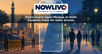 Conceptual split illustration showing a guarded mosque streetscape in Ujjain and students walking beneath streetlights near a Delhi campus, separated by a phone-screen outline.