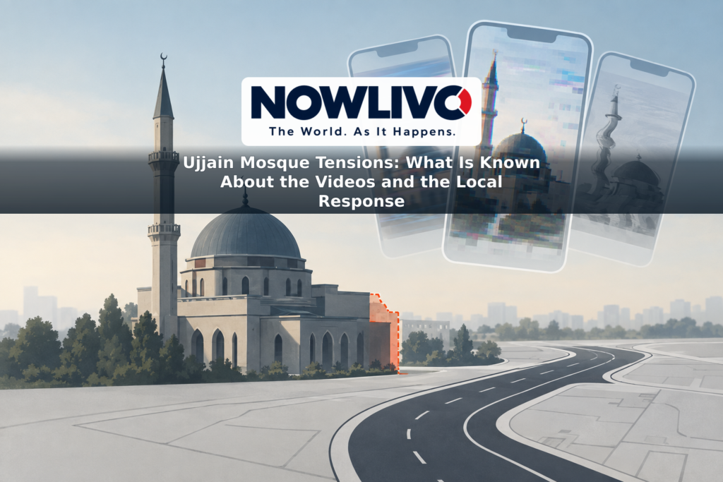 Conceptual illustration of a mosque silhouette beside a road line, with distorted phone-screen imagery representing online misinformation.