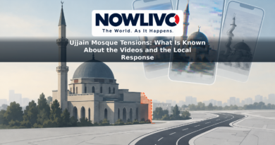 Conceptual illustration of a mosque silhouette beside a road line, with distorted phone-screen imagery representing online misinformation.