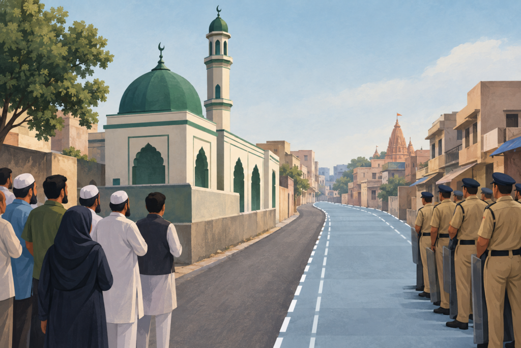 Illustration of a mosque beside a road marked for widening, with abstract groups representing residents and police.
