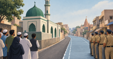 Illustration of a mosque beside a road marked for widening, with abstract groups representing residents and police.