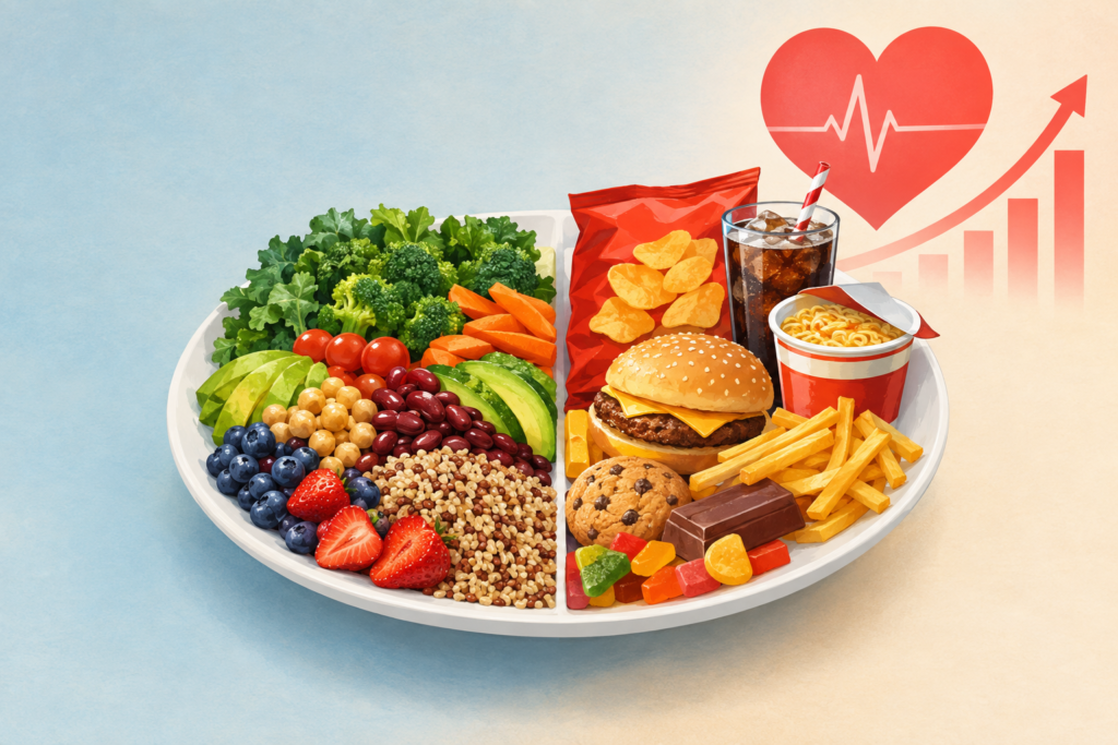 Illustration comparing minimally processed foods with packaged ultra-processed products beside a rising heart-risk chart.