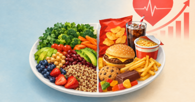 Illustration comparing minimally processed foods with packaged ultra-processed products beside a rising heart-risk chart.