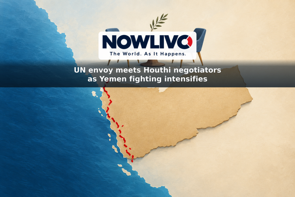 Illustrated map of Yemen beside the Red Sea, with an empty negotiation table, a broken line on the western coast and an olive branch.