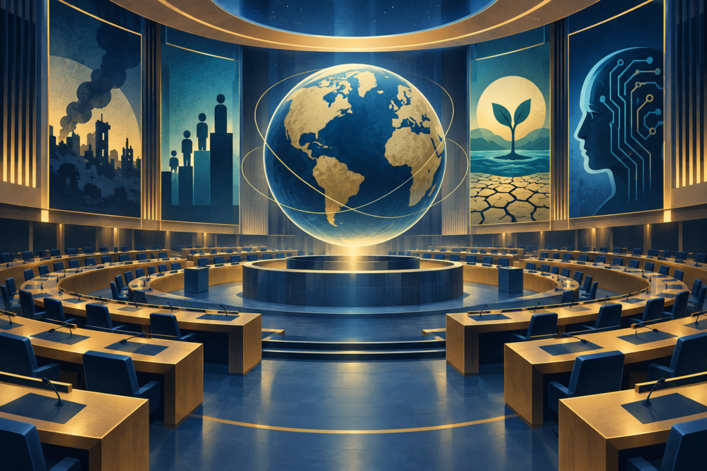 AI-created editorial illustration of an imagined assembly chamber and globe with symbols for conflict, inequality, climate and artificial intelligence.