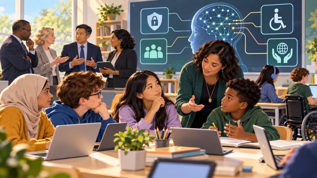 Editorial illustration of a teacher guiding students as education leaders discuss AI safeguards