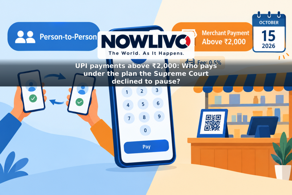 Conceptual illustration separating free person-to-person UPI transfers from merchant payments above ₹2,000, with an October 15, 2026 calendar.