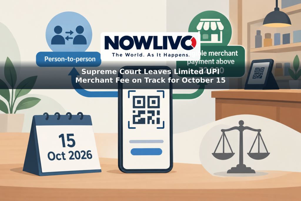 Conceptual illustration of a UPI payment phone, a shop counter, separate personal and eligible merchant payment paths, and an October 15, 2026 calendar.