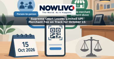 Conceptual illustration of a UPI payment phone, a shop counter, separate personal and eligible merchant payment paths, and an October 15, 2026 calendar.