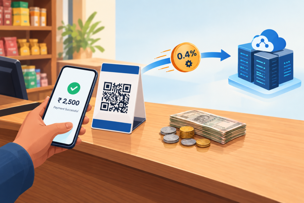 Illustration of a merchant considering a 0.4% processing fee on a UPI payment above ₹2,000 while a customer uses a smartphone.