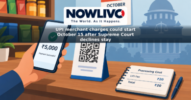 Illustration separating a customer’s ₹5,000 UPI payment from a ₹20 processing cost shown on a merchant’s ledger, with an October 15 calendar in the background.