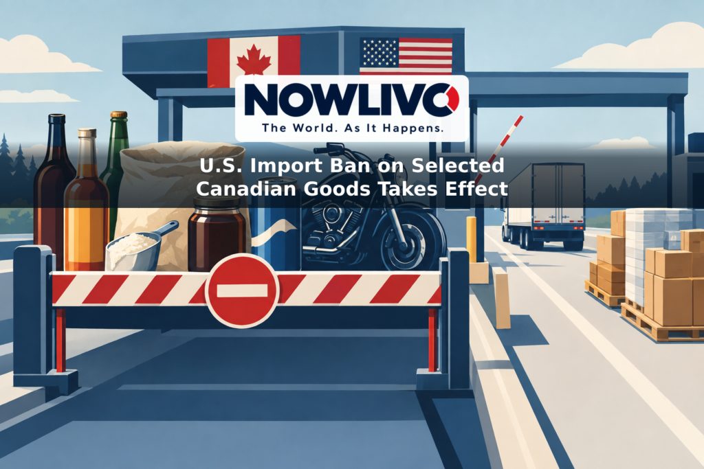 Illustration of selected Canadian drinks, ingredients and a motorcycle stopped at a U.S. border gate while other goods pass through.
