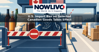 Illustration of selected Canadian drinks, ingredients and a motorcycle stopped at a U.S. border gate while other goods pass through.