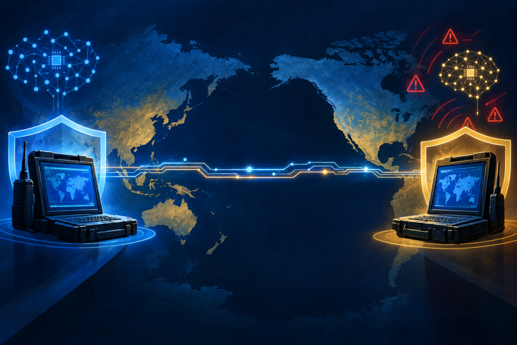 Illustration of secure terminals in the United States and China connected across the Pacific by an AI incident communication line.