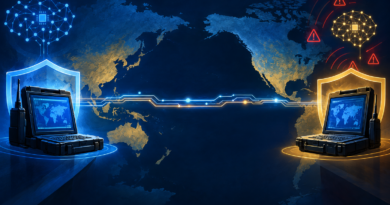 Illustration of secure terminals in the United States and China connected across the Pacific by an AI incident communication line.