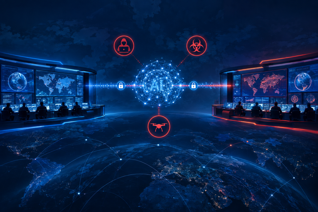 Illustration of US and Chinese command centers connected by a secure line through an artificial-intelligence network with several risk symbols.