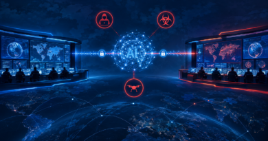 Illustration of US and Chinese command centers connected by a secure line through an artificial-intelligence network with several risk symbols.