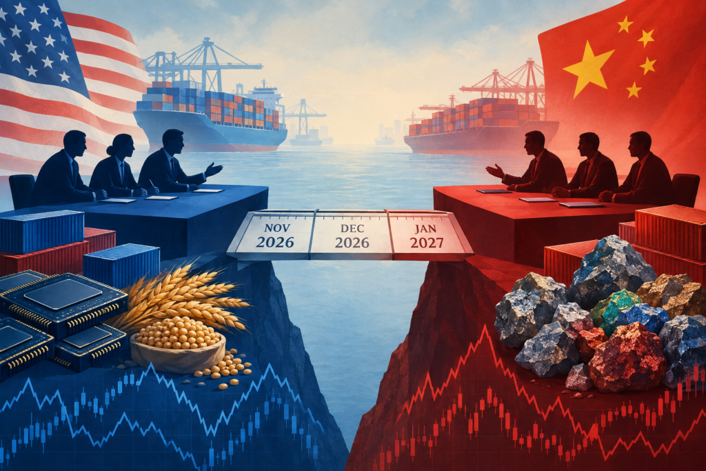 Editorial illustration of a calendar bridge linking U.S. and Chinese trade tables, surrounded by shipping, agriculture, semiconductor and market symbols.