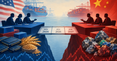 Editorial illustration of a calendar bridge linking U.S. and Chinese trade tables, surrounded by shipping, agriculture, semiconductor and market symbols.