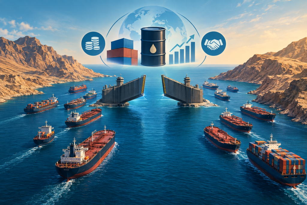 Conceptual illustration of ships approaching a partially reopened Strait of Hormuz amid symbols of diplomacy, oil trade and shipping costs.