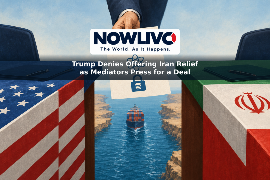 Conceptual illustration of U.S. and Iranian negotiating positions separated by a shipping channel, with symbols for nuclear talks, frozen funds and maritime access.