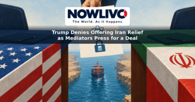 Conceptual illustration of U.S. and Iranian negotiating positions separated by a shipping channel, with symbols for nuclear talks, frozen funds and maritime access.