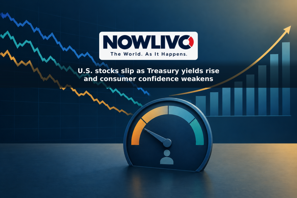 Illustration of descending stock-market lines, a rising Treasury-yield curve and a weakening consumer-confidence gauge.