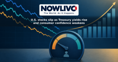 Illustration of descending stock-market lines, a rising Treasury-yield curve and a weakening consumer-confidence gauge.