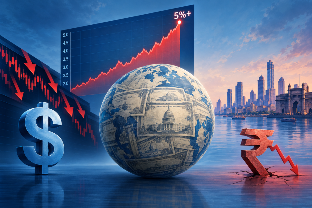 Editorial illustration showing US Treasury yields rising above 5% and sending pressure through global stocks, the dollar, the rupee and Indian markets.