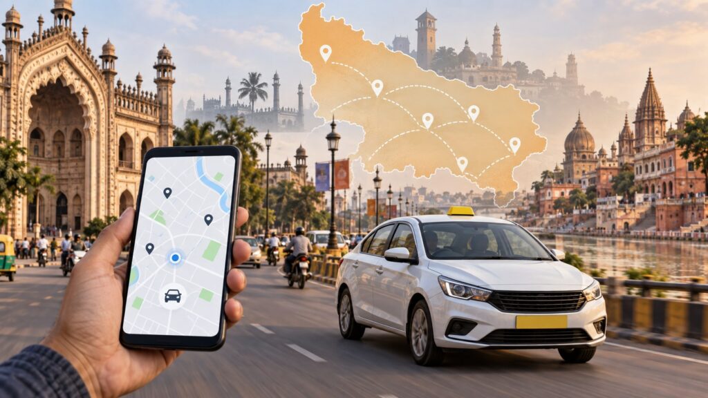 Editorial illustration of a generic taxi beside a smartphone map in Uttar Pradesh