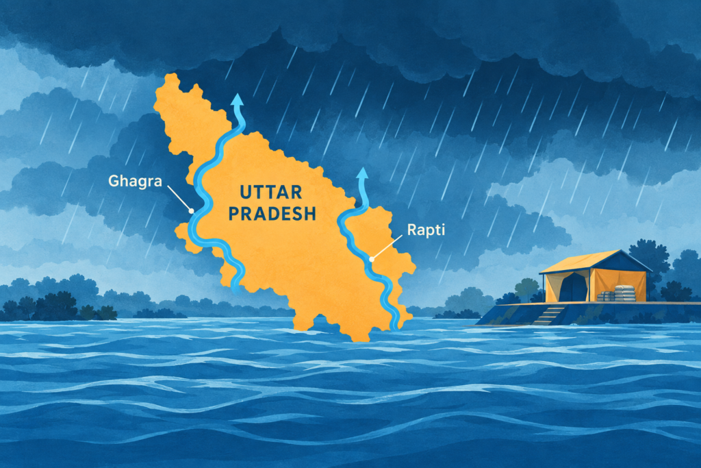 Conceptual illustration of rain over Uttar Pradesh, with stylized rising rivers and a symbolic relief shelter.