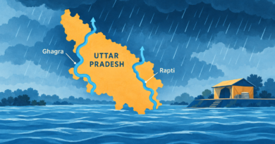 Conceptual illustration of rain over Uttar Pradesh, with stylized rising rivers and a symbolic relief shelter.