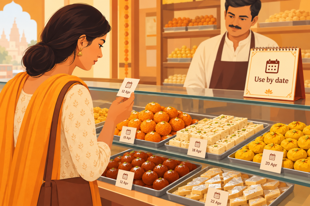 Illustration of a shopper checking use-by date cards beside trays of sweets at a shop counter.