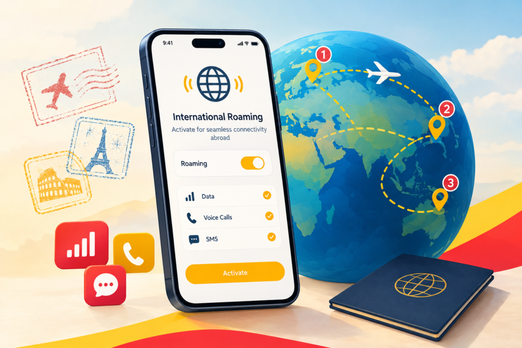 Illustration of a mobile phone beside a globe and flight routes representing complimentary international roaming for up to three trips.