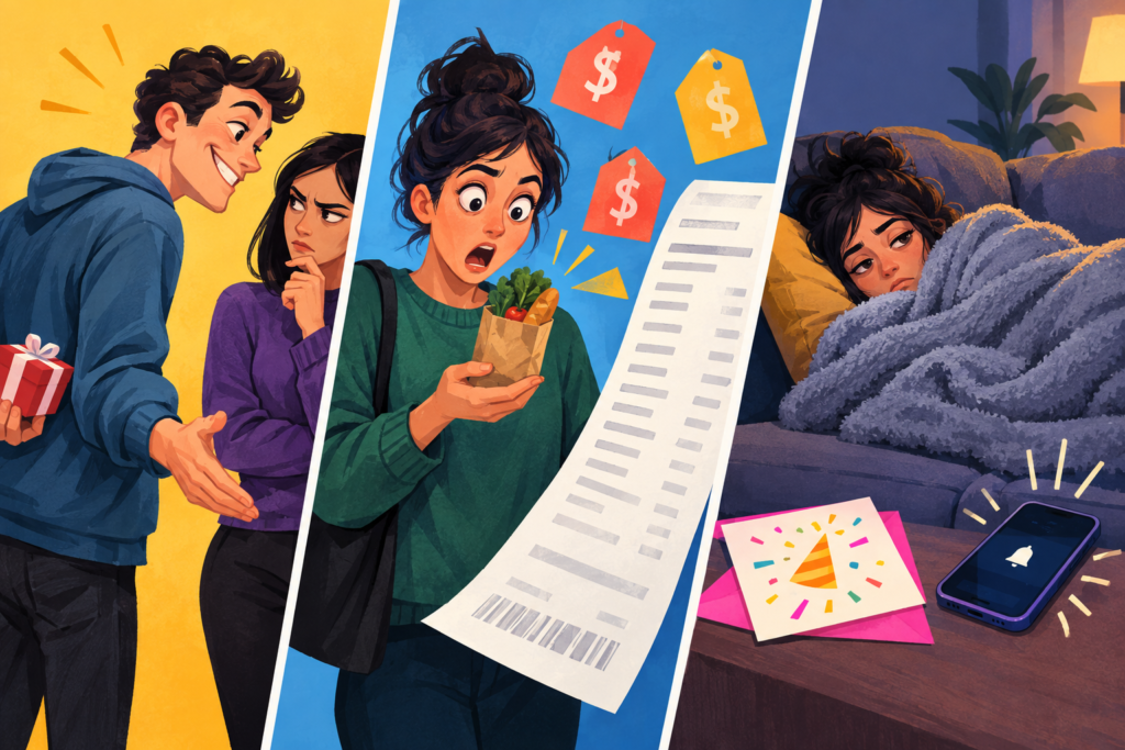 Three-panel illustration representing suspicious promises, rising everyday costs and regret about attending weekend plans.
