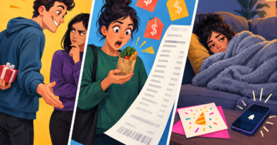 Three-panel illustration representing suspicious promises, rising everyday costs and regret about attending weekend plans.