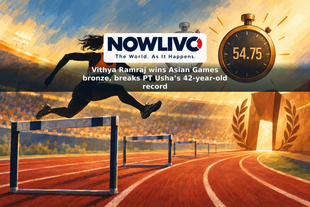 Illustration of a hurdler on a track beside stopwatch times of 55.42 and 54.75 seconds, symbolizing Vithya Ramraj’s national record.