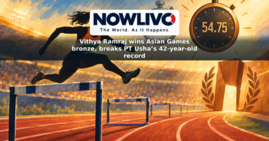 Illustration of a hurdler on a track beside stopwatch times of 55.42 and 54.75 seconds, symbolizing Vithya Ramraj’s national record.