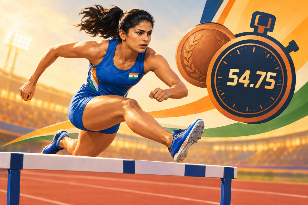 Illustration of a hurdler clearing a barrier beside a stopwatch reading 54.75 and a bronze medal motif.