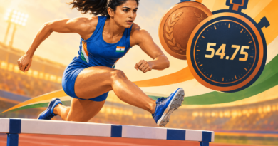 Illustration of a hurdler clearing a barrier beside a stopwatch reading 54.75 and a bronze medal motif.