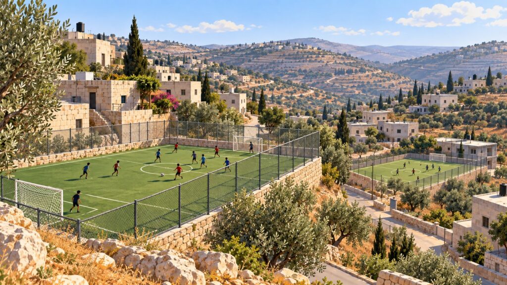Editorial illustration of two fenced community mini-football pitches with children playing at a distance