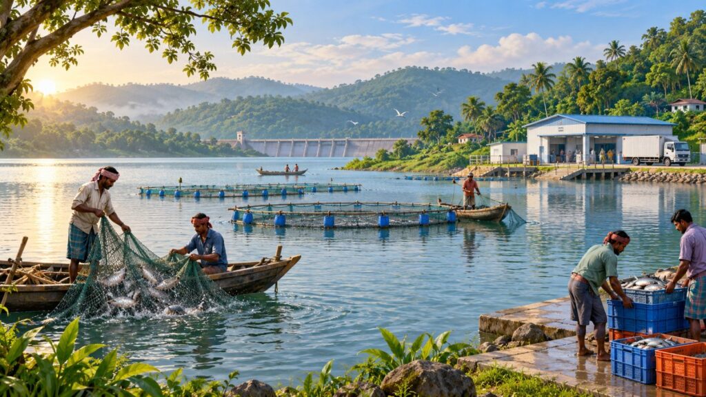 Editorial illustration of fish farmers working nets on an Indian reservoir with a cold-chain facility