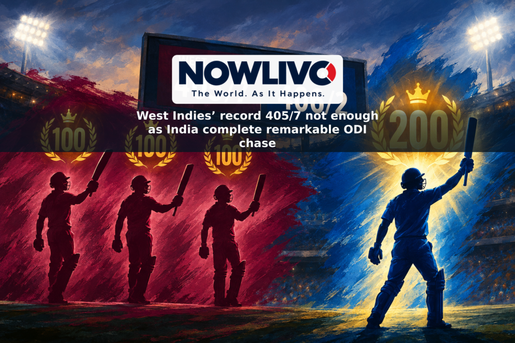 Illustrated cricket scoreboard showing West Indies 405/7 and India 406/2, with symbols representing three West Indies centuries and an Indian double century.