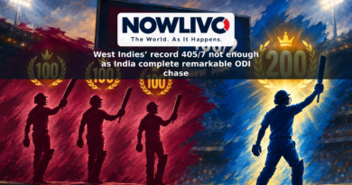 Illustrated cricket scoreboard showing West Indies 405/7 and India 406/2, with symbols representing three West Indies centuries and an Indian double century.