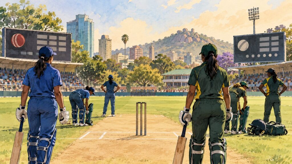 Illustration of women preparing to play cricket on a field in Zimbabwe