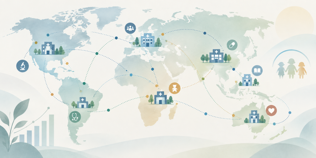 AI editorial illustration of a world map with healthcare symbols representing childhood cancer survival data; not a photograph