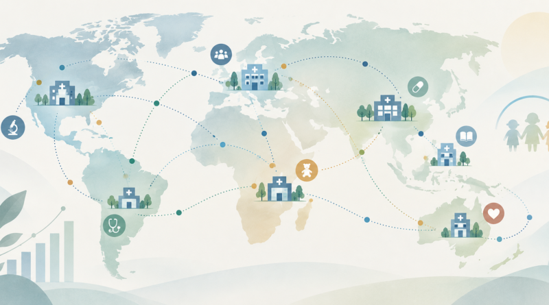 AI editorial illustration of a world map with healthcare symbols representing childhood cancer survival data; not a photograph