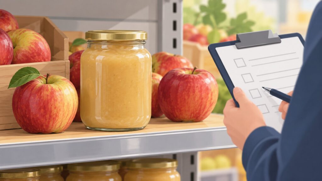 Editorial illustration of an unlabeled jar of applesauce and apples during a grocery safety check
