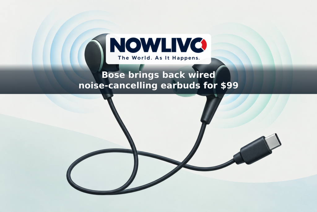 Conceptual illustration of wired USB-C earbuds with fading sound waves representing noise cancellation.
