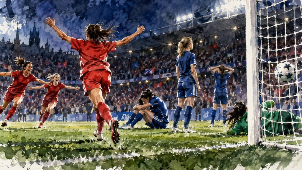 Editorial illustration of women footballers reacting to a late goal in a floodlit stadium